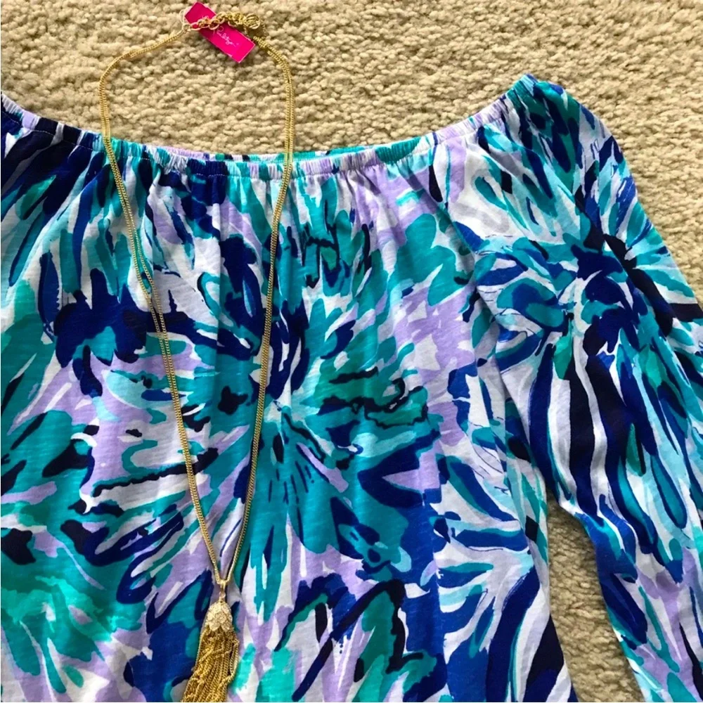 Lilly Pulitzer Enna Off The Shoulder Knit Top in Capri Teal Off Tropic - Picture 4 of 7